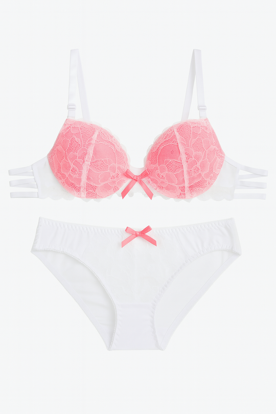 Amélie Lace Bow Set-Pink-70B-Bras and Briefs-StylinArts