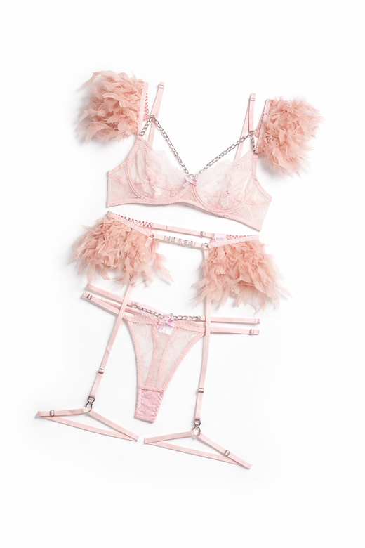 Pink lace lingerie set with feather accents, underwire bra, matching thong, and adjustable garter straps.
