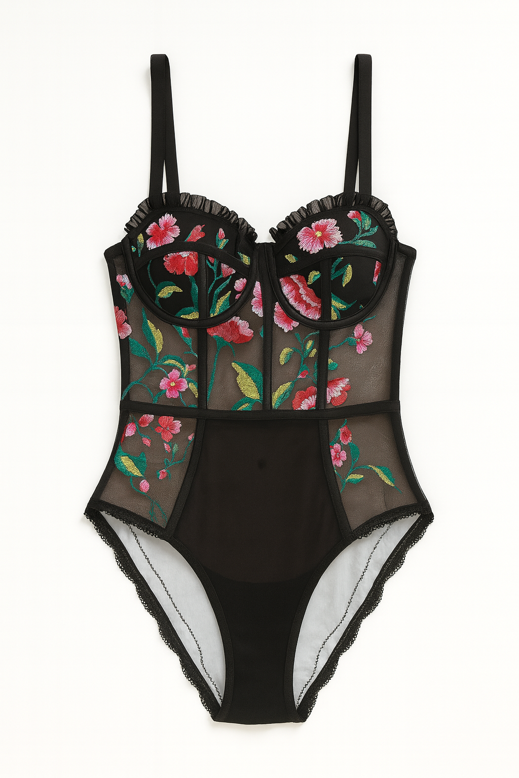 Floravere Embroidered Mesh Bodysuit-L-Black-Bodies & Teddies-StylinArts