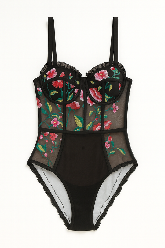 Floravere Embroidered Mesh Bodysuit-L-Black-Bodies & Teddies-StylinArts