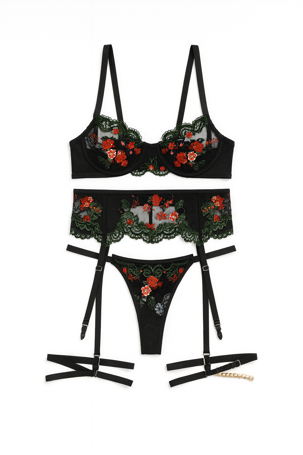 Enchanted Garden Embroidered Lingerie Set-Black-L-Basques-StylinArts