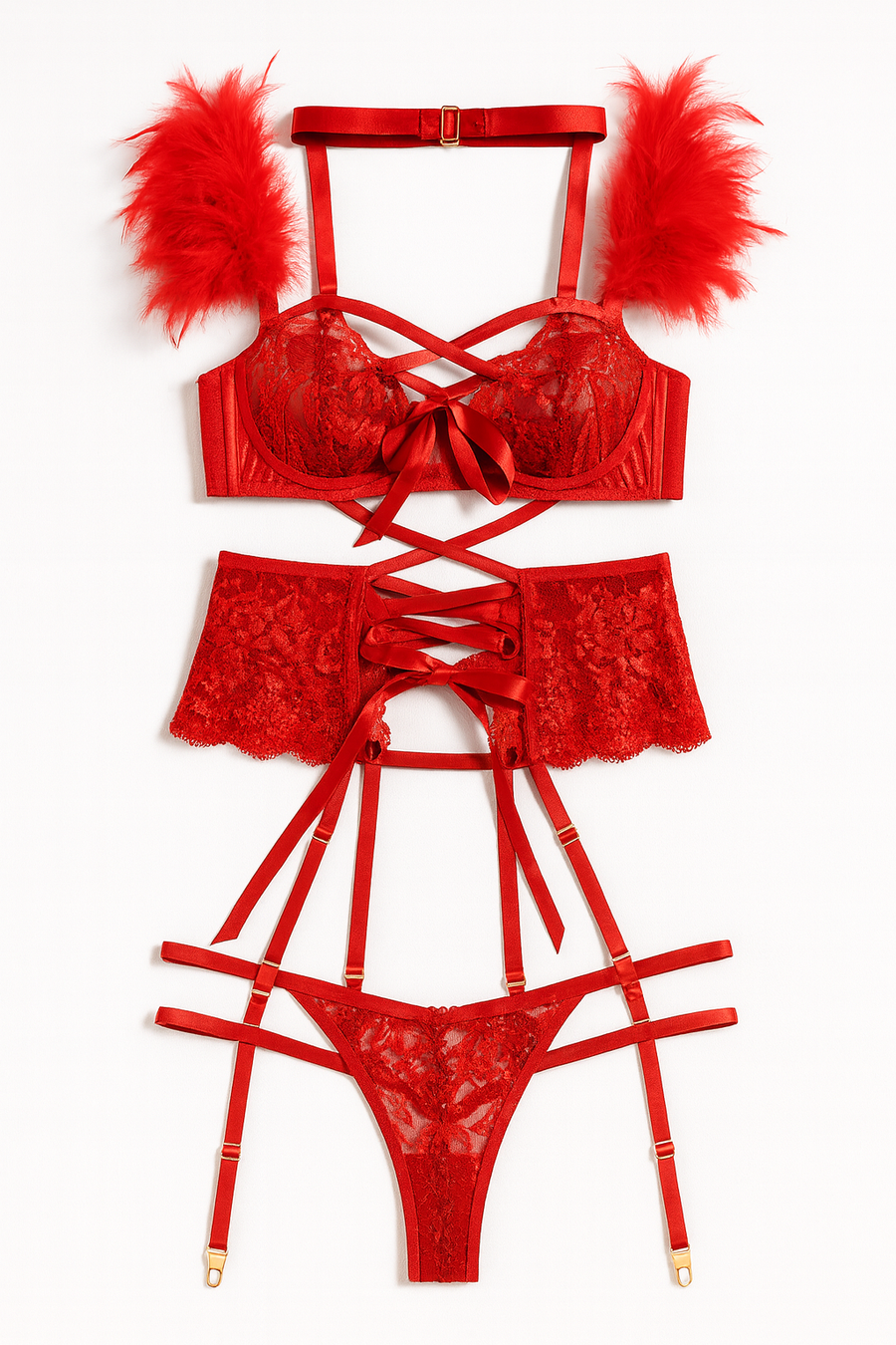 Valentina Rouge Lace Corset Ensemble-Red-L-Basques-StylinArts