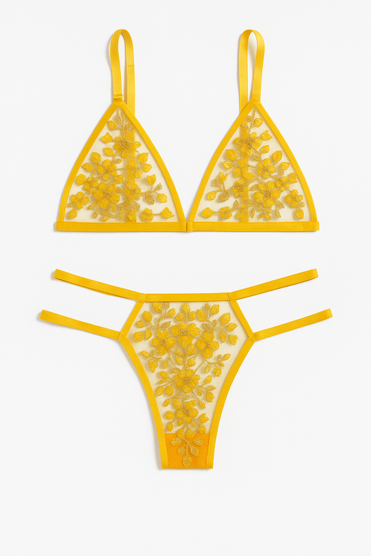 Aurora Soleil Embroidered Set-Yellow-L-Bras and Briefs-StylinArts
