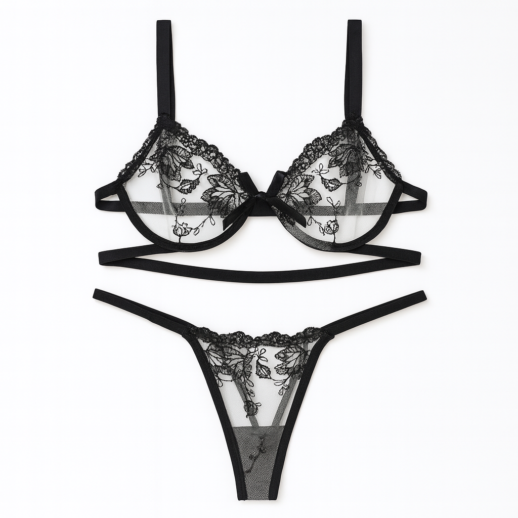 Isolde Embroidered Mesh Bra Set-Black-L-Bras and Briefs-StylinArts