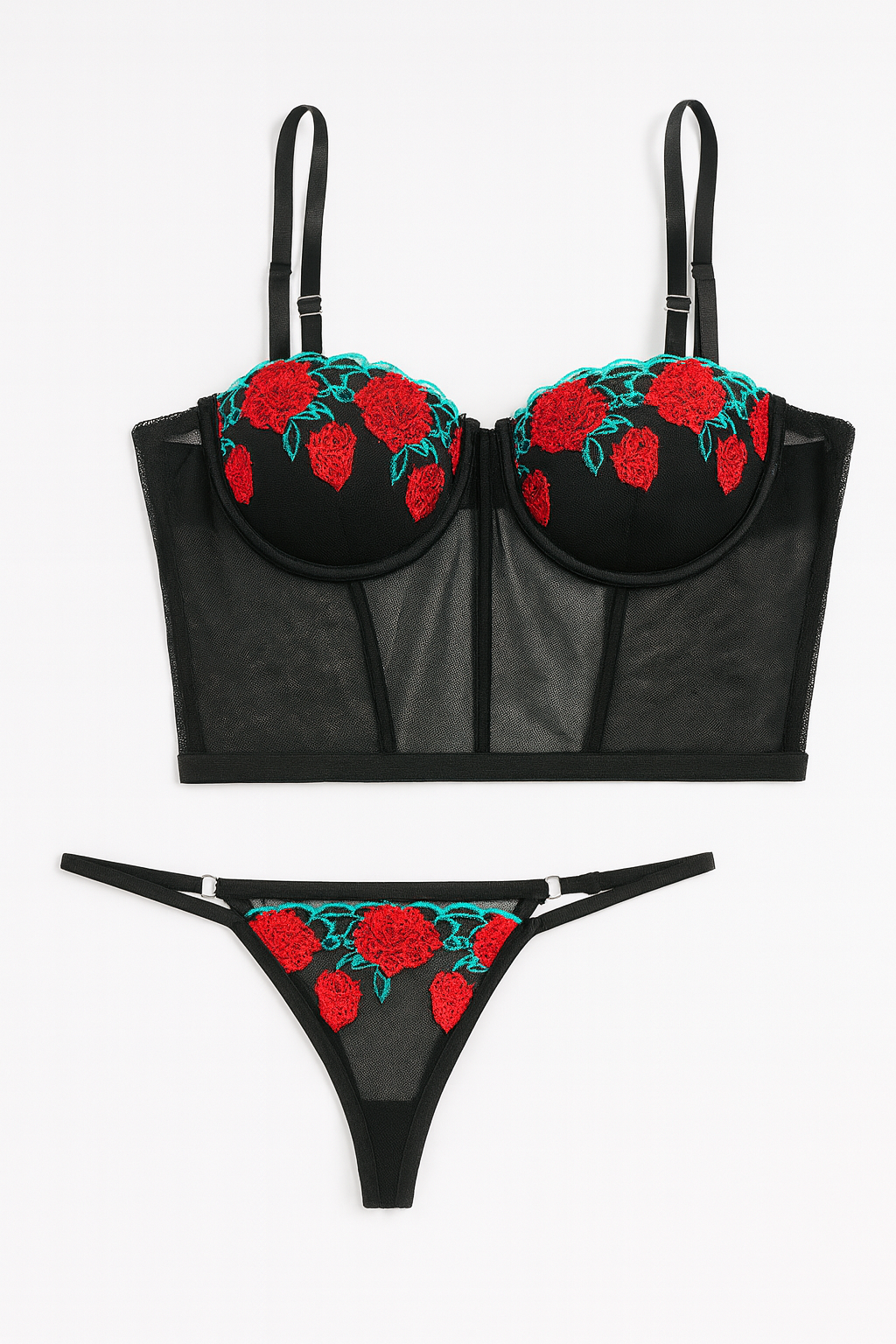 Scarlet Bloom Embroidered Mesh Corset Set-Black-XL-Bras and Briefs-StylinArts