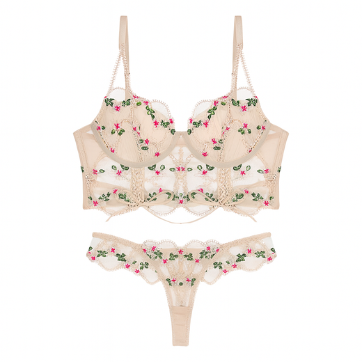 Floralis Serenya Embroidered Corset Lingerie Set-Khaki-L-Bras and Briefs-StylinArts