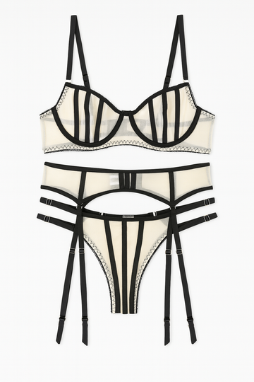 Nocturne Frame Sheer Cage Garter Lingerie Set-Black-L-Bras and Briefs-StylinArts