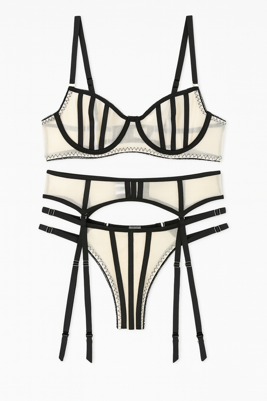 Nocturne Frame Sheer Cage Garter Lingerie Set-Black-L-Bras and Briefs-StylinArts