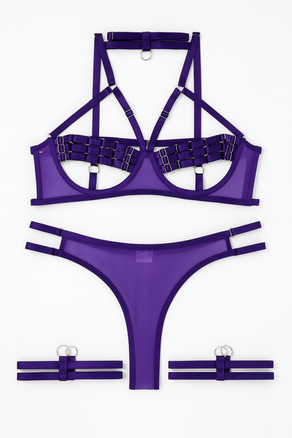 Violet Dominion Harness Lingerie Set-Purple-L-Bras and Briefs-StylinArts