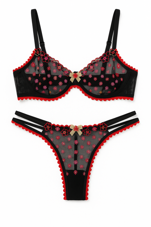 Aurora Blossom Underwire Set-Black-L-Bras and Briefs-StylinArts