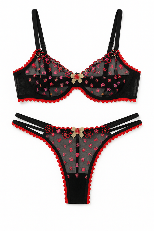 Aurora Blossom Underwire Set-Black-L-Bras and Briefs-StylinArts