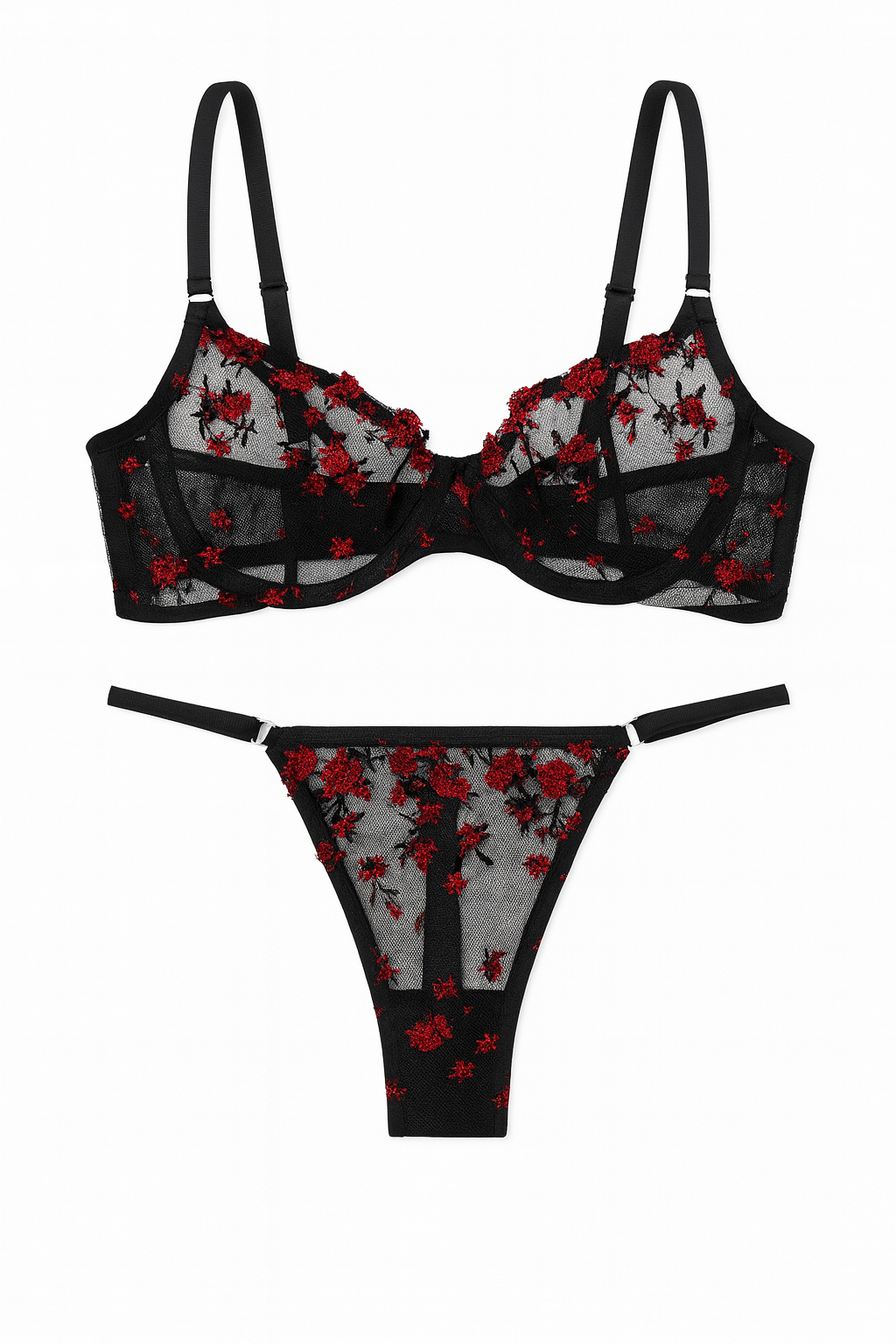 Rosabelle Embroidered Mesh Set-Black-L-Bras and Briefs-StylinArts