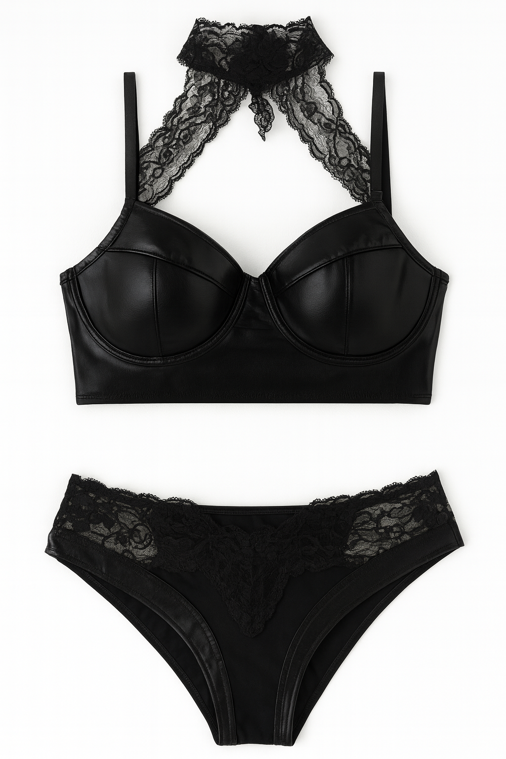 Alluring Leather and Lace Two-Piece Lingerie - StylinArts-Black-3XL-Bras and Briefs-StylinArts