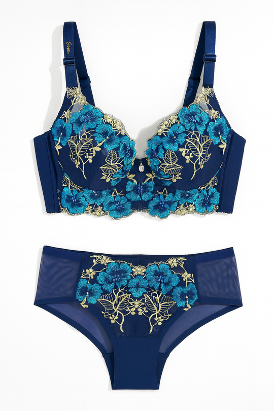 elestia Embroidered Lace Set-Blue-70A-Bras and Briefs-StylinArts