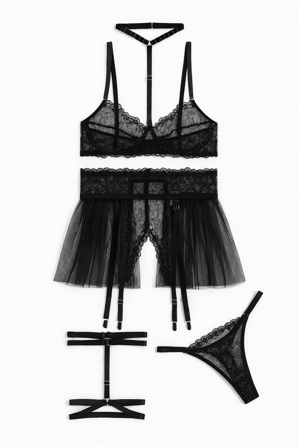 Midnight Veil Embroidered Garter Set-Black Basques-StylinArts