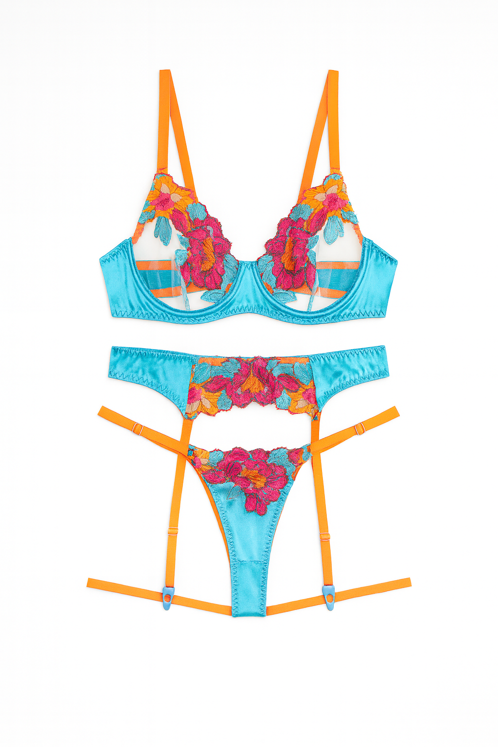 Colorful bikini set with floral design on a white background