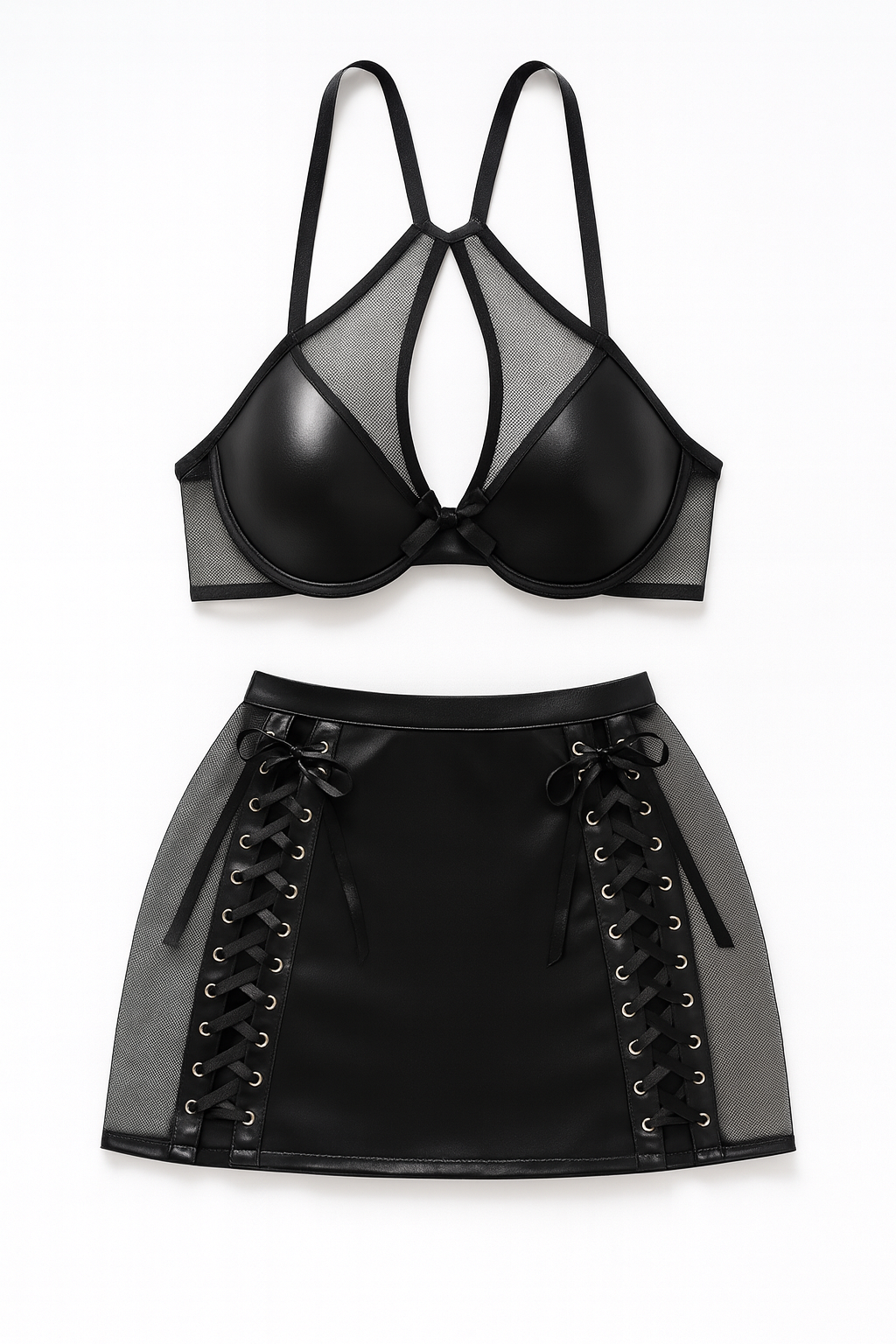 Valencia Lace-Up Garter Ensemble– Mesh bralette & mini skirt-Black-L-Bras and Briefs-StylinArts