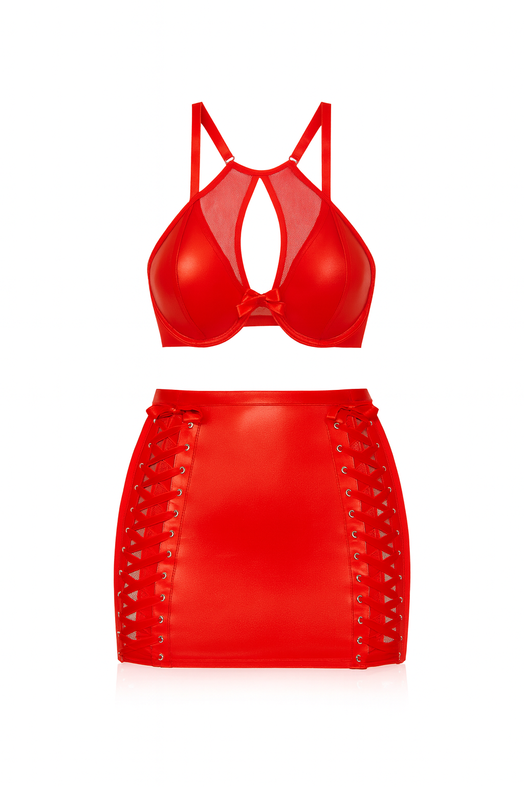 Valencia Lace-Up Garter Ensemble– Mesh bralette & mini skirt-Red-L-Bras and Briefs-StylinArts