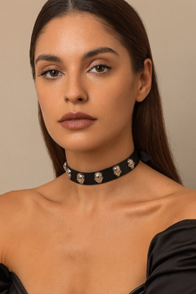 Skull Studded Black Faux Leather Choker – Edgy Seduction Statement