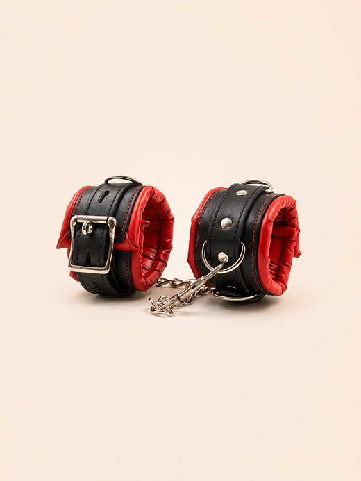 Leather Restraint Handcuffs & Shackles Set – Adjustable Black & Red Accessory
