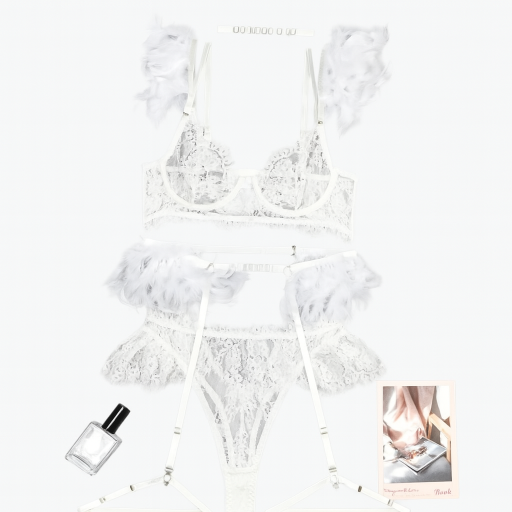 Seraphina Feather Lace Lingerie Set-Black-L-Basques-StylinArts