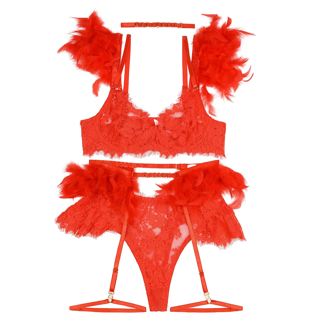 Seraphina Feather Lace Lingerie Set-Black-L-Basques-StylinArts