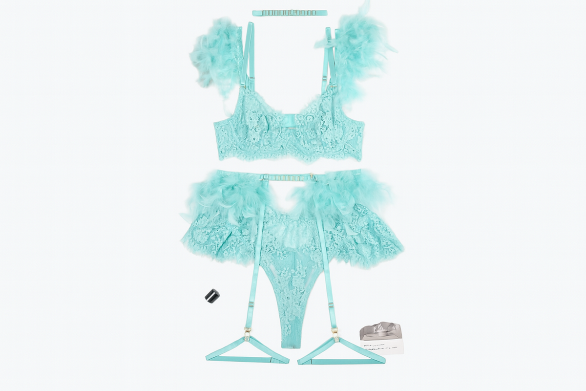 Seraphina Feather Lace Lingerie Set-Black-L-Basques-StylinArts