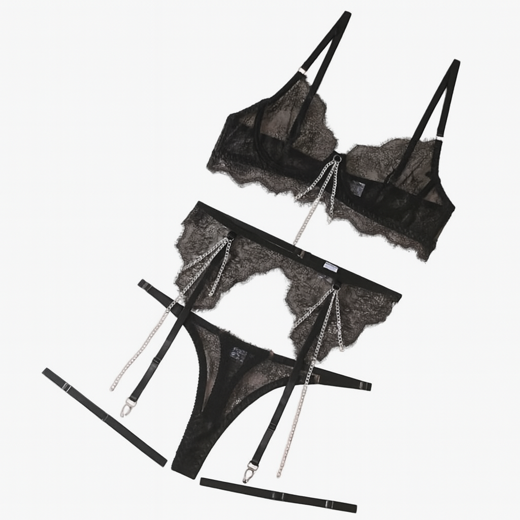 Selestia Lace Chain Garter Set-Black-L-Basques-StylinArts