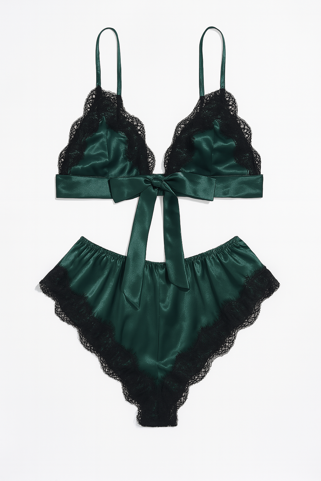 Veloura Satin Lace Set-Green-L-Bras and Briefs-StylinArts