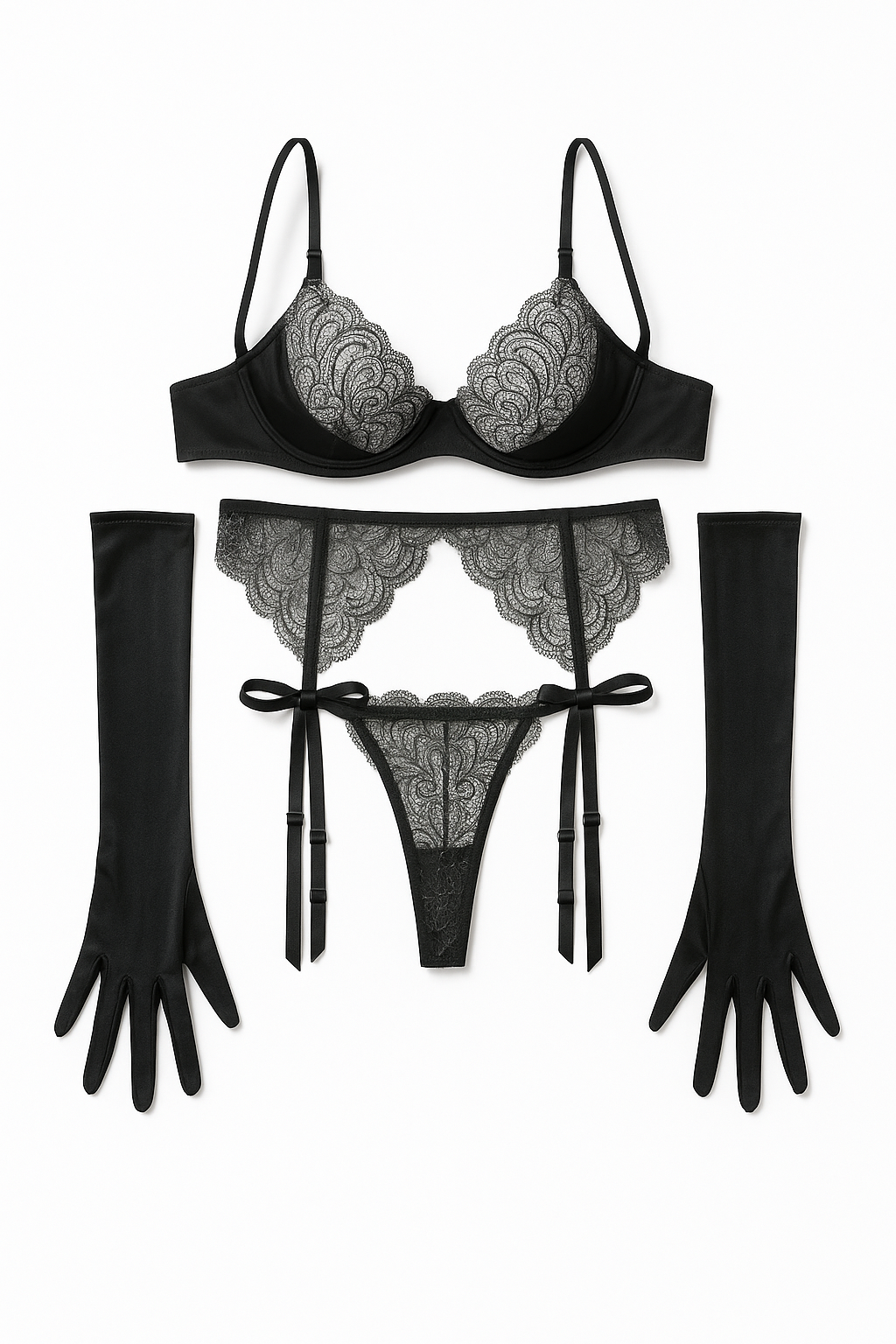 Midnight Petal Lace Garter Set-Black-L-Basques-StylinArts