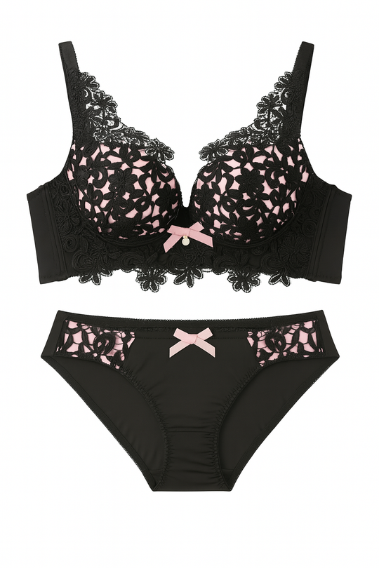 Elara Lace Embroidered Lingerie Set-Black-32 70A-Bras and Briefs-StylinArts