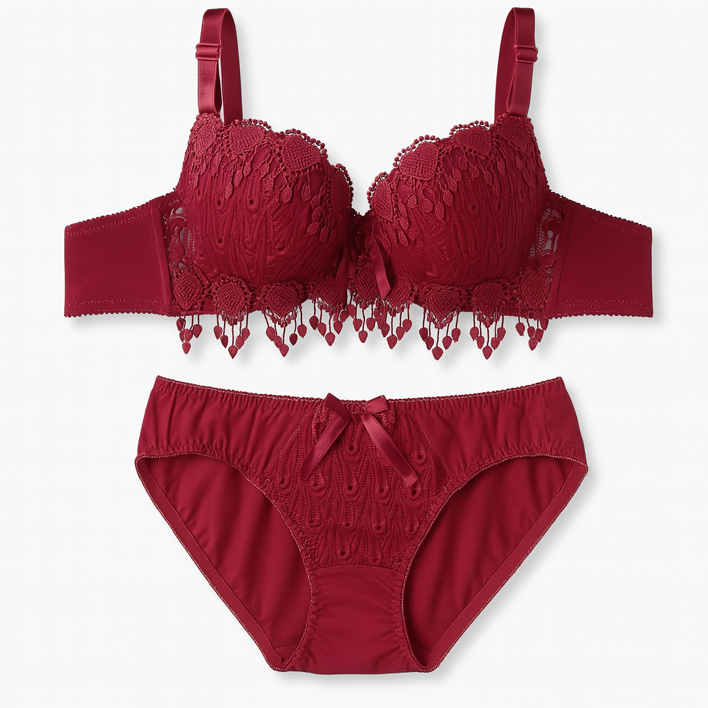 Aurora Embroidered Lingerie Set-Red-70B-Bras and Briefs-StylinArts