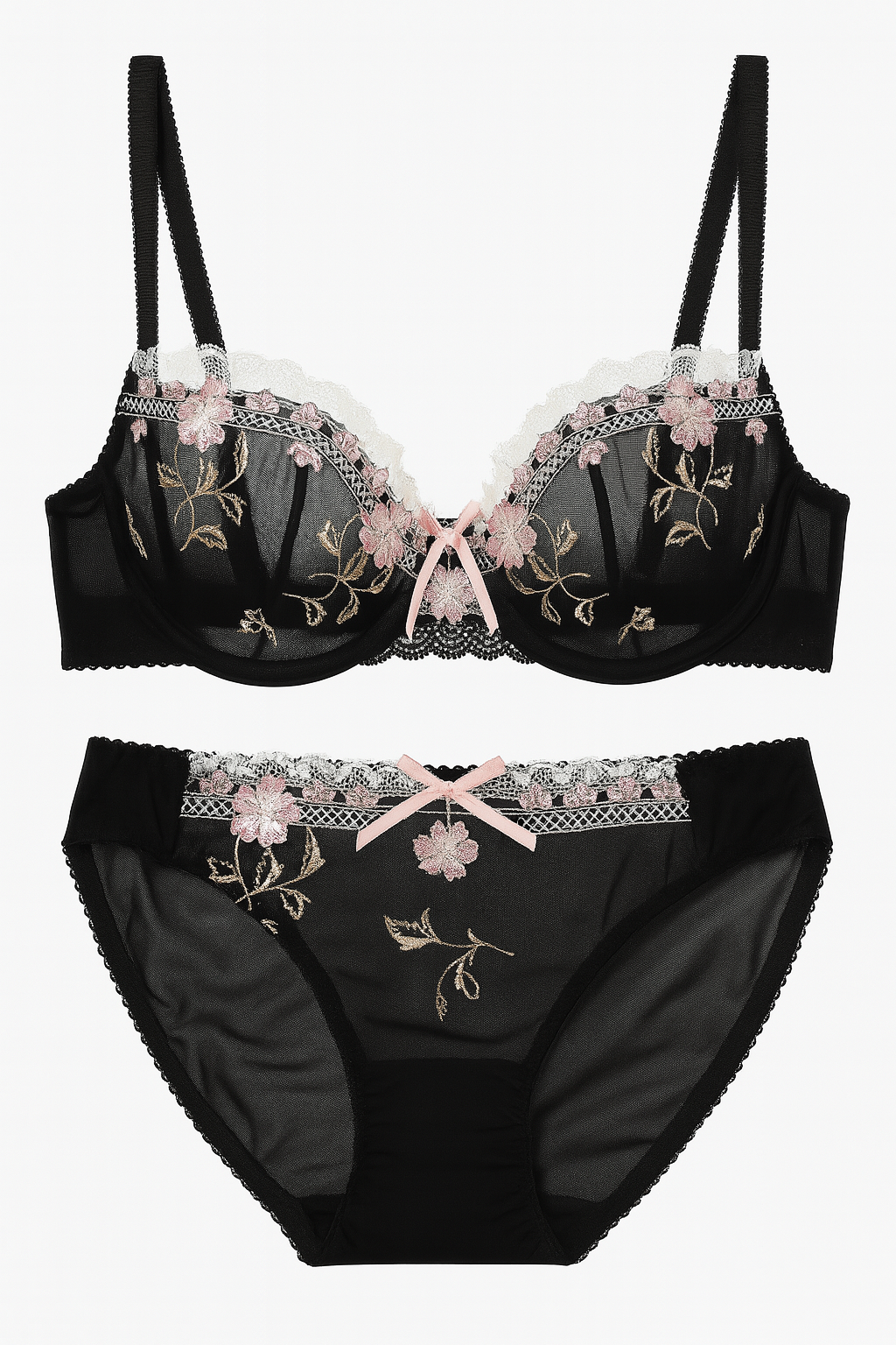Florelle Embroidered Lace Bra Set-Black-70A-Bra-StylinArts