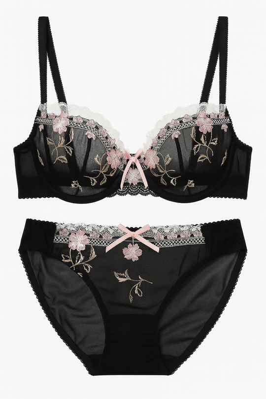 Florelle Embroidered Lace Bra Set-Black-70A-Bra-StylinArts