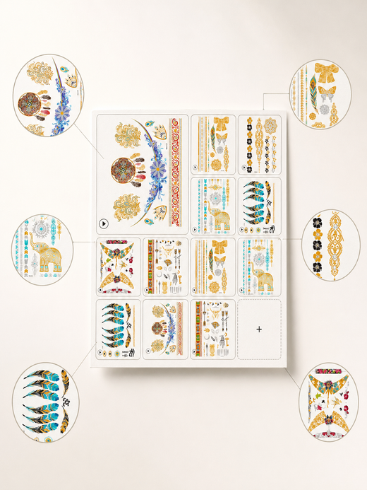 Metallic Gold Temporary Tattoos – Boho Festival Body Art (7 Styles)