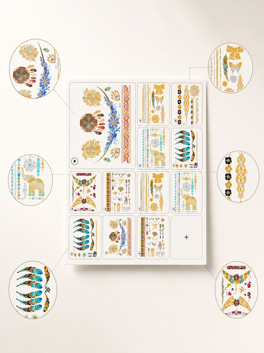 Metallic Gold Temporary Tattoos – Boho Festival Body Art (7 Styles)