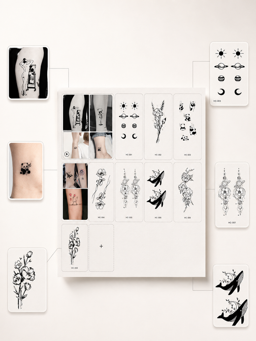Boho Floral Temporary Tattoos – Black Ink Fine Line Collection (8 Styles)