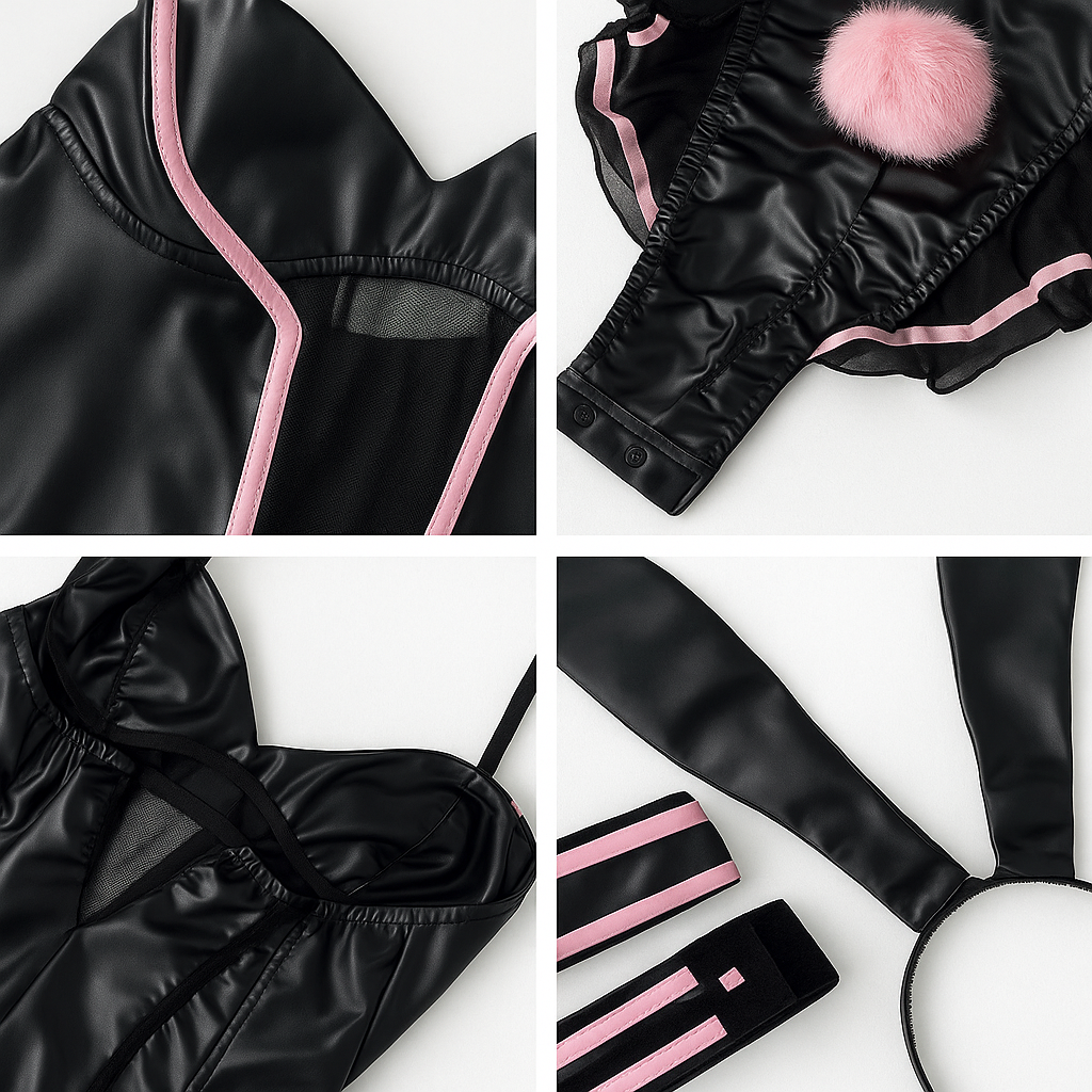 Midnight Temptress Bunny-Inspired Lingerie Set with Satin Bodice and Garter-Babydolls-StylinArts