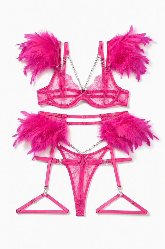 Celestine Feather-Accent Lace Lingerie Set