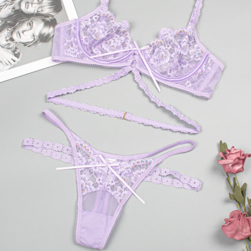 Daisy Bloom Lace Bra & Panty Set – White & Purple-Purple-L-Bras and Briefs-StylinArts