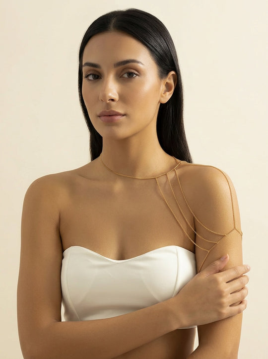 Golden Cascade: Multi-Layered Shoulder Chain for Elegant Draping