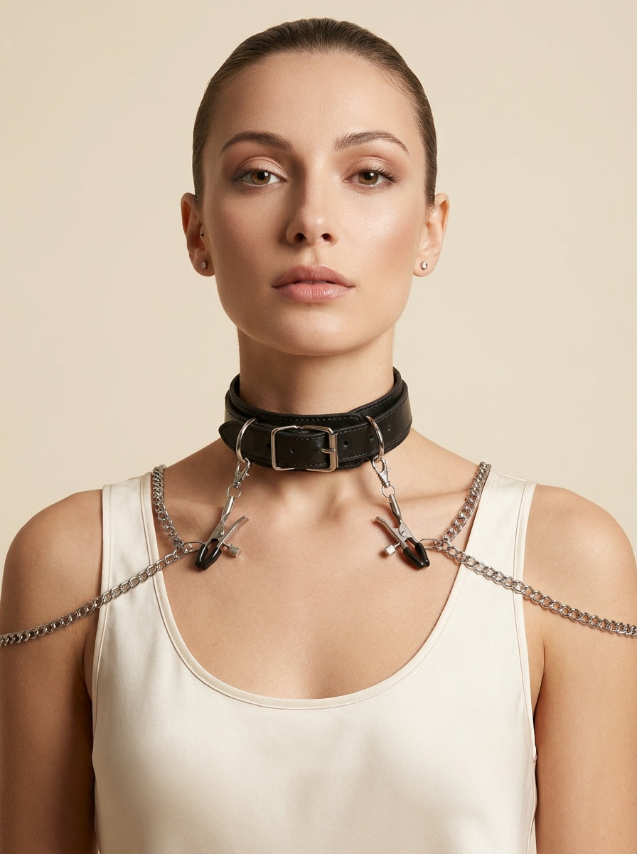 Luxury PU Leather Flirting Collar with Adjustable Chain Clips – Multiple Colors