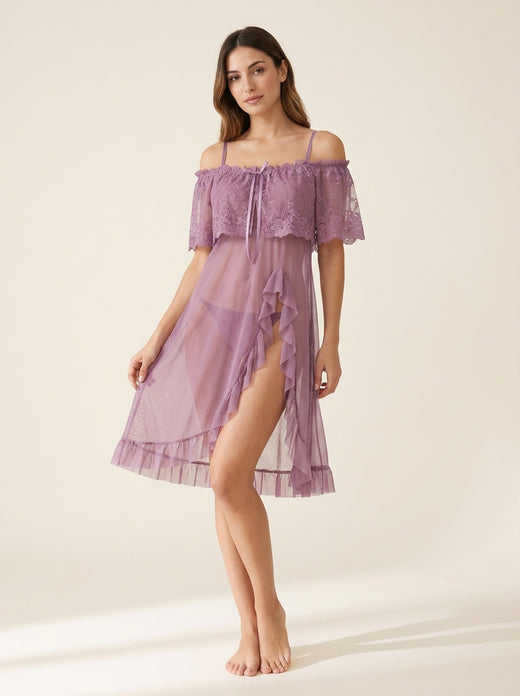 Velvet Bloom Lace Ruffle Nightdress Set