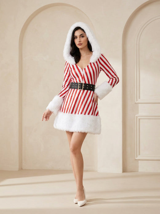Candy Cane Vixen Costume – Furry Hood & Striped Fantasy Dress