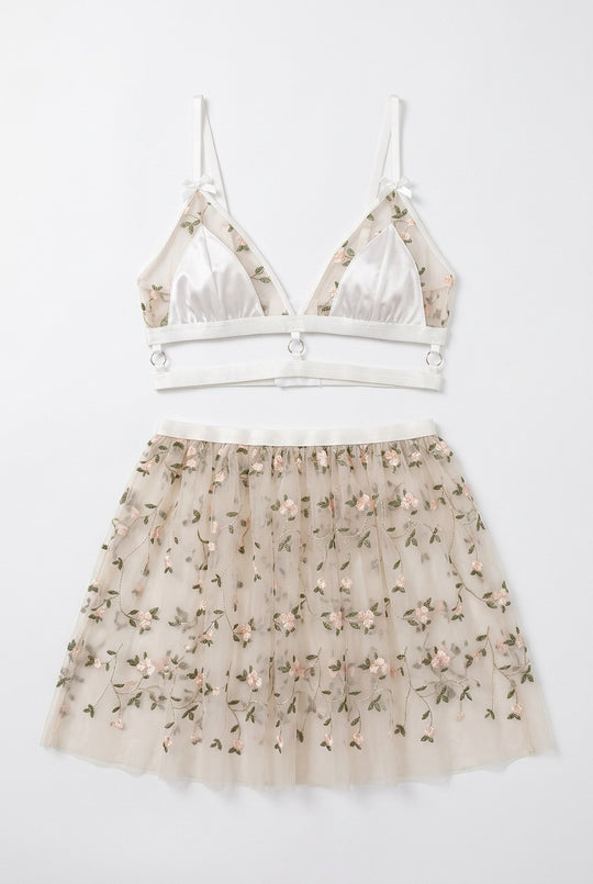 Blossom Veil Embroidered Mesh Babydoll Set