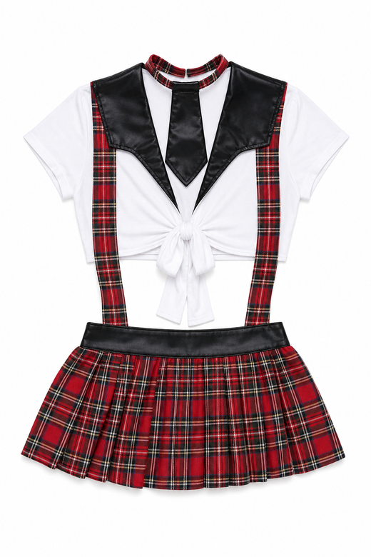 Naughty Schoolgirl Costume – Plaid Skirt & Tie-Front Crop Top