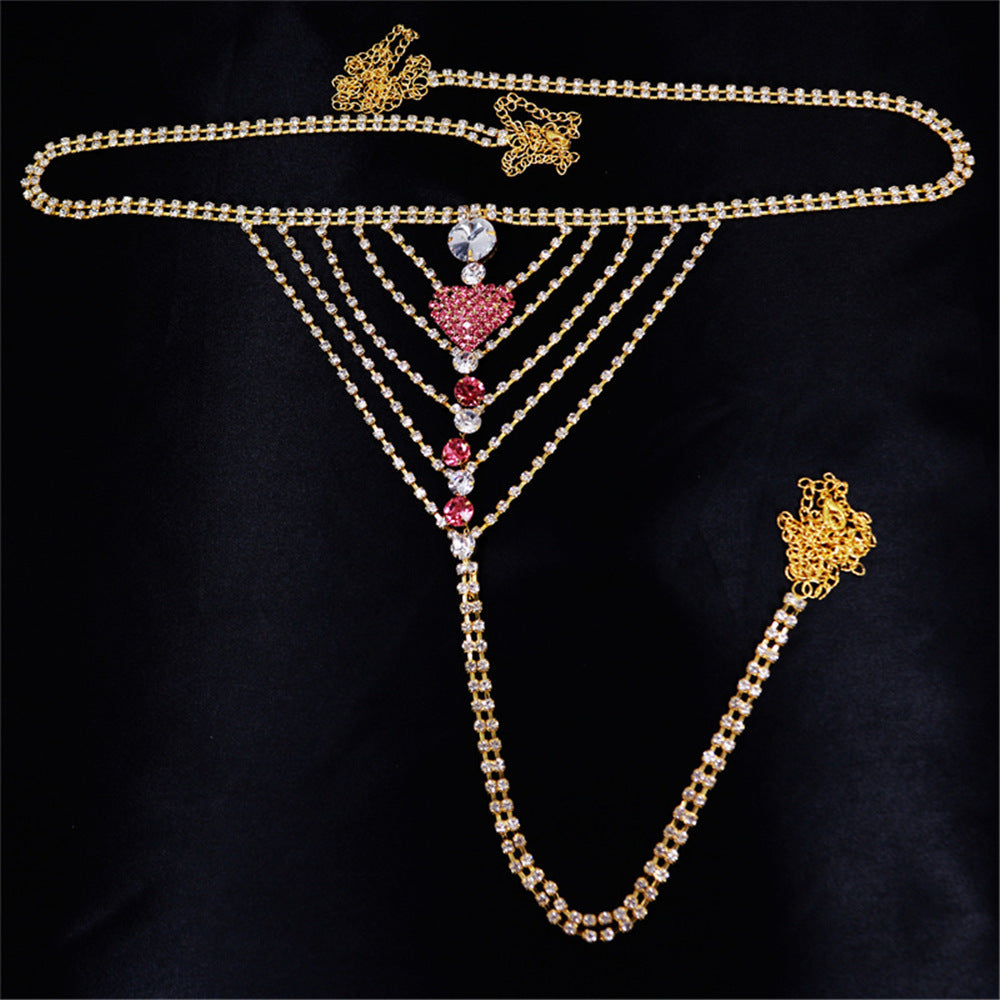 Crystal Heart Body Chain Thong – Daring Lingerie Jewelry for Boudoir Seduction-Belly chain-StylinArts