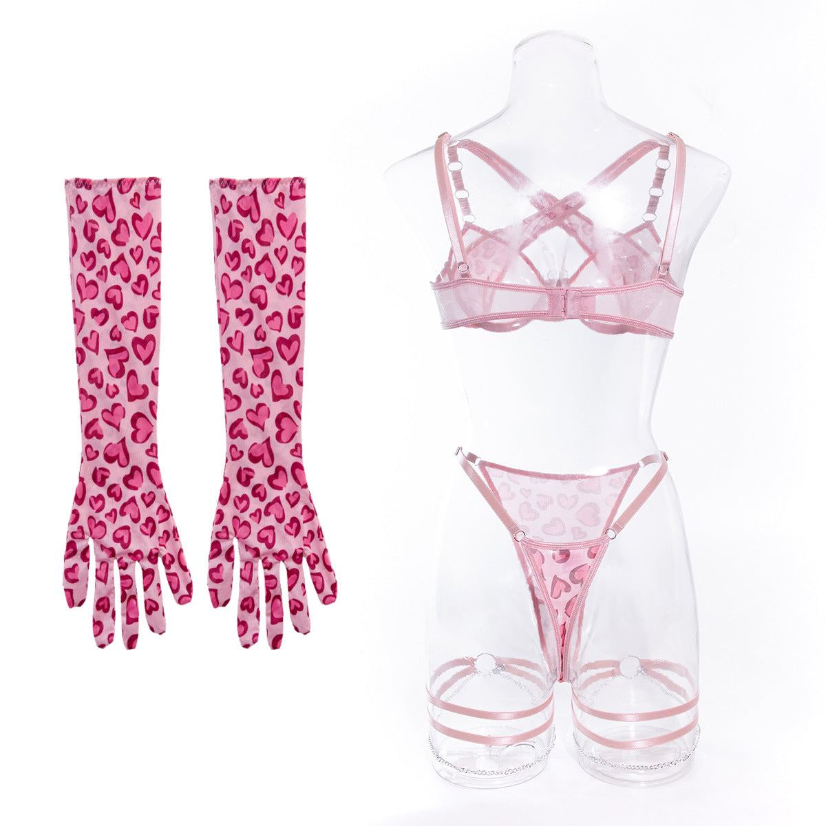 Valentina Heart Mesh Set-Pink-L-Bras and Briefs-StylinArts