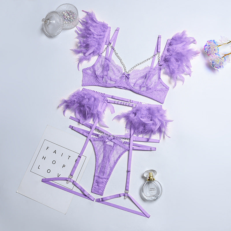 Celestia Feather & Chain Lingerie Set-Violet Whisper-L-Basques-StylinArts