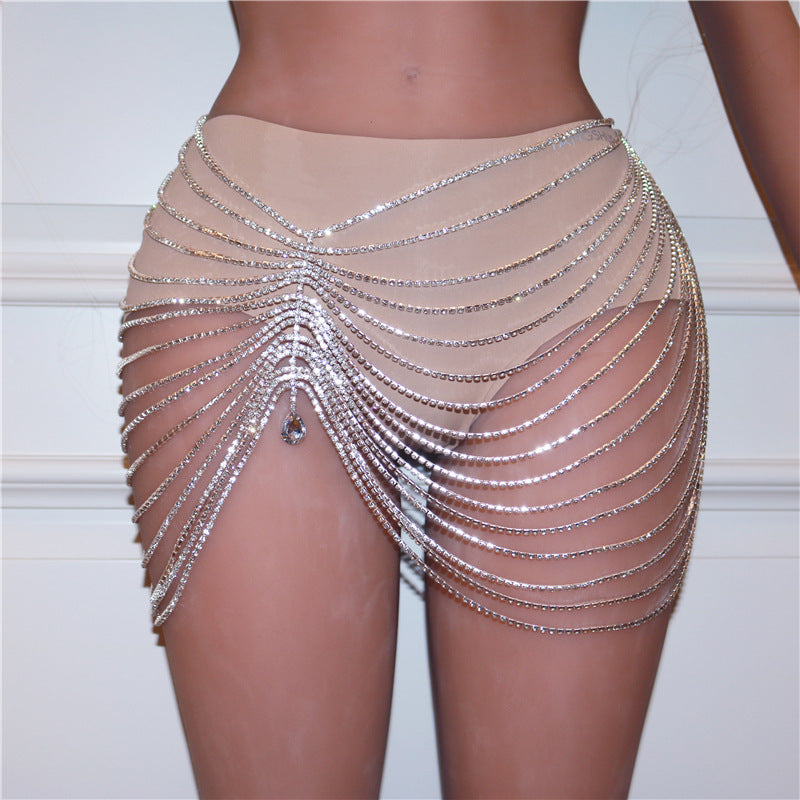 Nightclub Glam Rhinestone Waist Chain Skirt – Adjustable Statement Dancewear